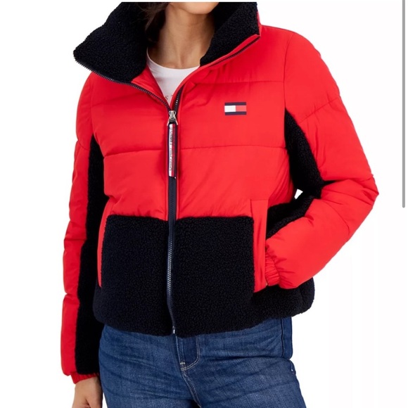Tommy Hilfiger Mixed Media Colorblock ‘Red/Black’ Puffer Jacket Woman’s Size L - Picture 1 of 8